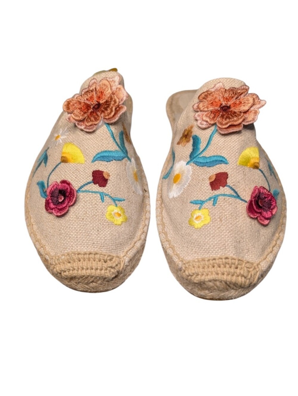 Soludos Summer 3D Flowers Embroidered Smoking Mule Espadrilles size 10 Linen
